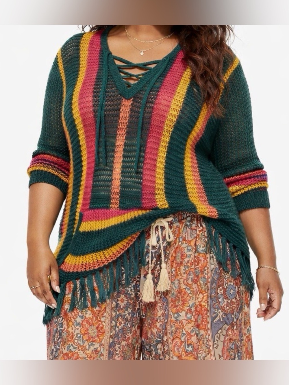 Torrid Sweater Stripe Open Stitch Pullover s2X Women’s Pocket Green/Yellow/Pink